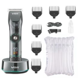 Κουρευτική Μηχανή VGR V-256 Επαναφορτιζόμενη | Mε Βάση, Οθόνη LED, 6 Χτενάκια, 240′ Λειτουργία