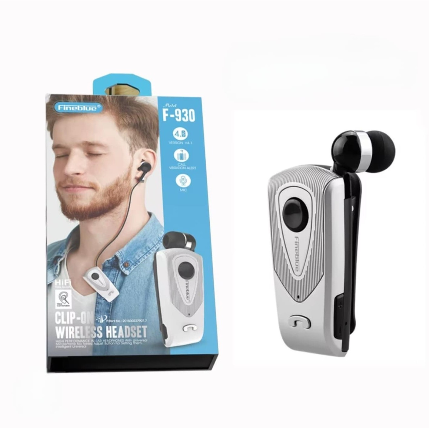 Fineblue F-930 Ασύρματο Bluetooth Headset Clip-On Ασημί | με Δόνηση & Ανάκληση Καλωδίου