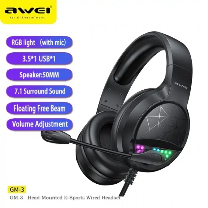 Gaming Ακουστικά Awei GM-3 | με RGB Φωτισμό & Μικρόφωνο – | 50mm Driver, Μαύρα - Image 2