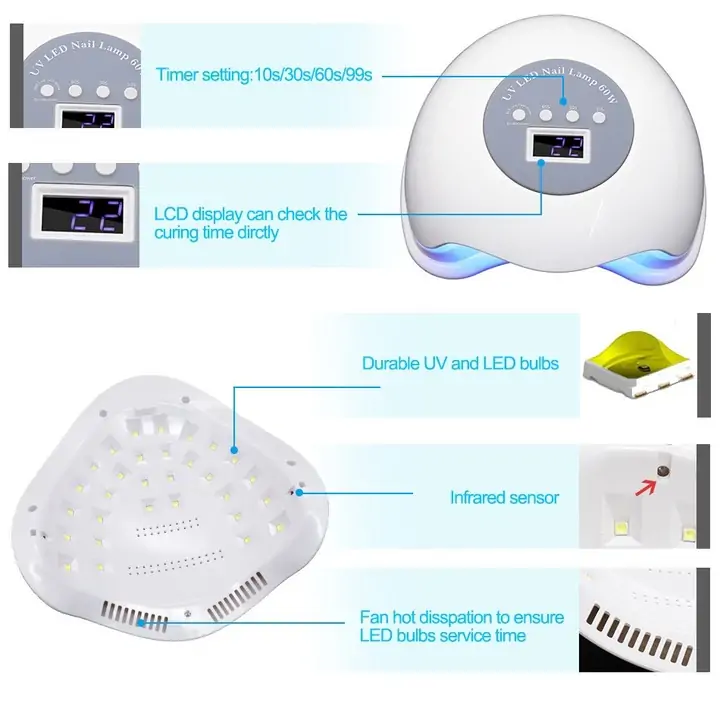 Λάμπα Νυχιών UV/LED 60W | με Ψηφιακή Οθόνη & Χρονοδιακόπτες – Ιδανική για Gel & Ημιμόνιμο - Image 5
