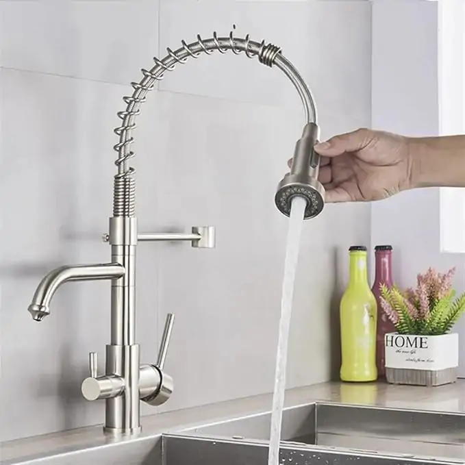 Αναμεικτική μπαταρία κουζίνας brushed nickel με διπλή έξοδο και σπιράλ ντους - Image 4