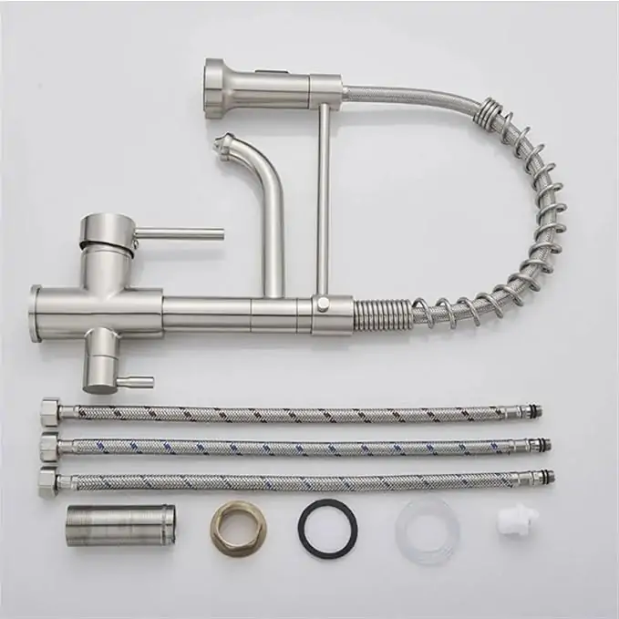 Αναμεικτική μπαταρία κουζίνας brushed nickel με διπλή έξοδο και σπιράλ ντους - Image 3
