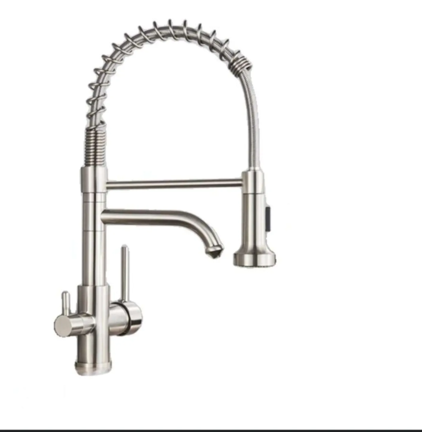 Αναμεικτική μπαταρία κουζίνας brushed nickel με διπλή έξοδο και σπιράλ ντους