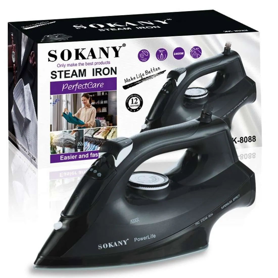 Σίδερο Ατμού Sokany SK-2088 | PowerLife 2400W – Μαύρο | με Δυνατότητα Ψεκασμού & Ατμού