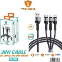 Technovo TN-D047 Καλώδιο Φόρτισης 3 σε 1 USB σε Type-C / Lightning / microUSB 1.2m Πλεγμένο