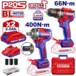EMTOP ΠΑΚΕΤΟ ΠΡΟΣΦΟΡΑΣ BRUSHLESS ΔΡΑΠΑΝΟΚΑΤΣΑΒΙΔΟ ΚΡΟΥΣΤΙΚΟ ΚΑΙ ΜΠΟΥΛΟΝΟΚΛΕΙΔΟ 20V 2Χ2ΑΗ ECKL20275