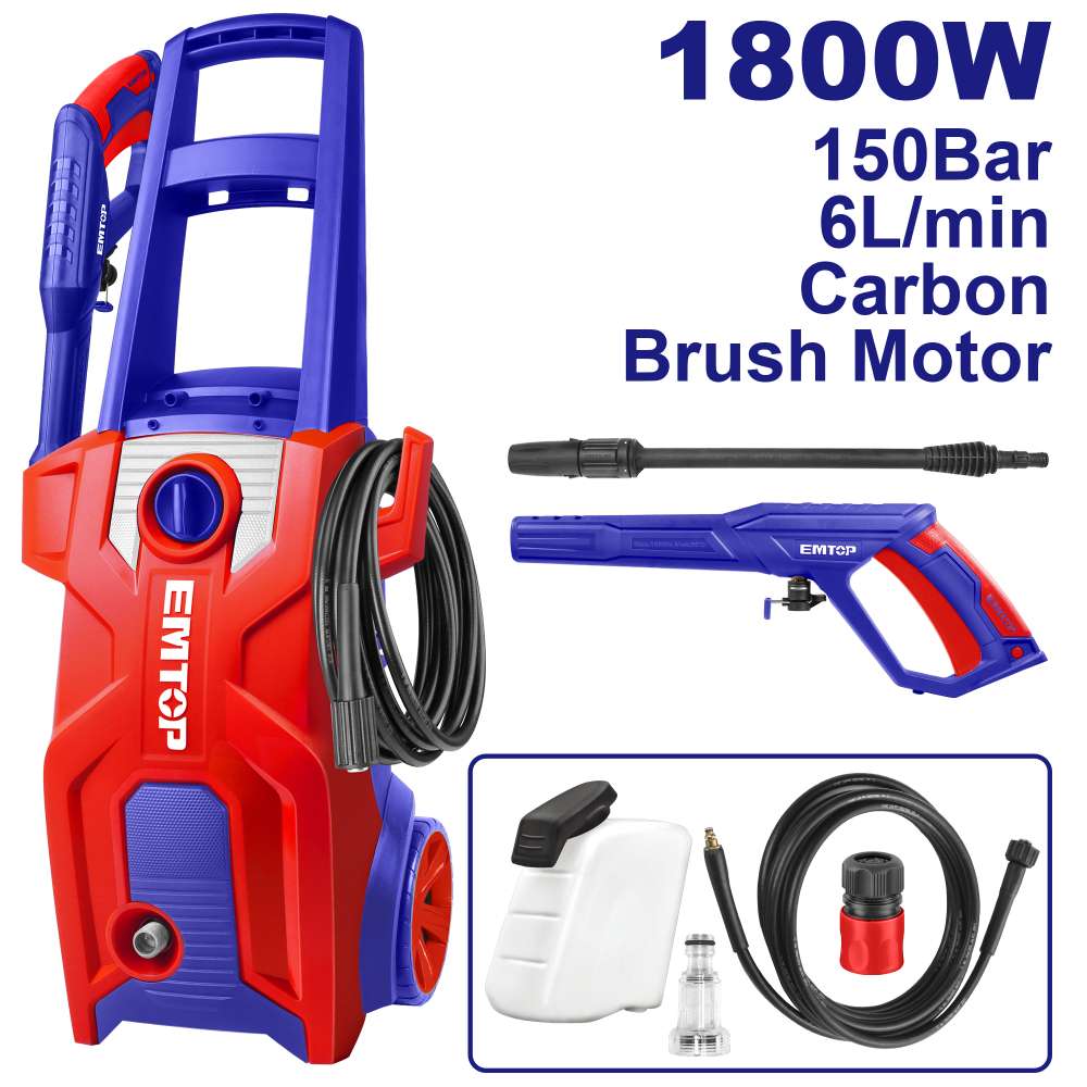 EMTOP ΠΛΥΣΤΙΚΟ ΥΨΗΛΗΣ ΠΙΕΣΗΣ 1800W ΜΕ ΑΥΤΟΜΑΤΟ ΣΤΟΠ, 1 ΠΙΣΤΟΛΙ ΝΕΡΟΥ ΚΑΙ 5M ΛΑΣΤΙΧΟ ΥΨΗΛΗΣ ΠΙΕΣΗΣ EHPW1801